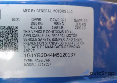 2021 Chevrolet Corvette Stingray Rwd 2Lt z USA, uszkodzony, nr VIN 1G1YB3D44M5120137